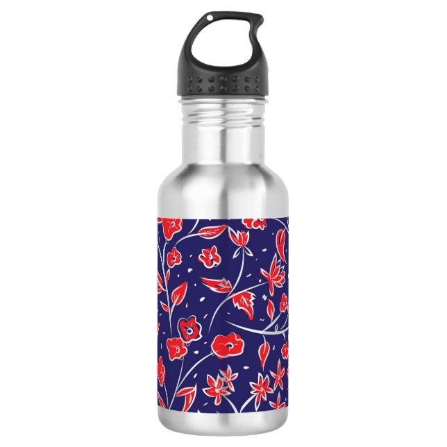 Rotes und blaues Blumenmuster Edelstahlflasche (Vorderseite)