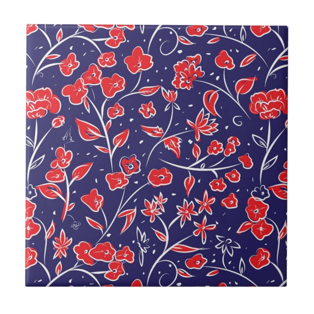 Rotes und blaues Blumenmuster Fliese (Vorderseite)