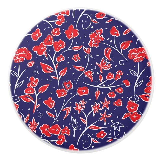 Rotes und blaues Blumenmuster Keramikknauf (Vorderseite)