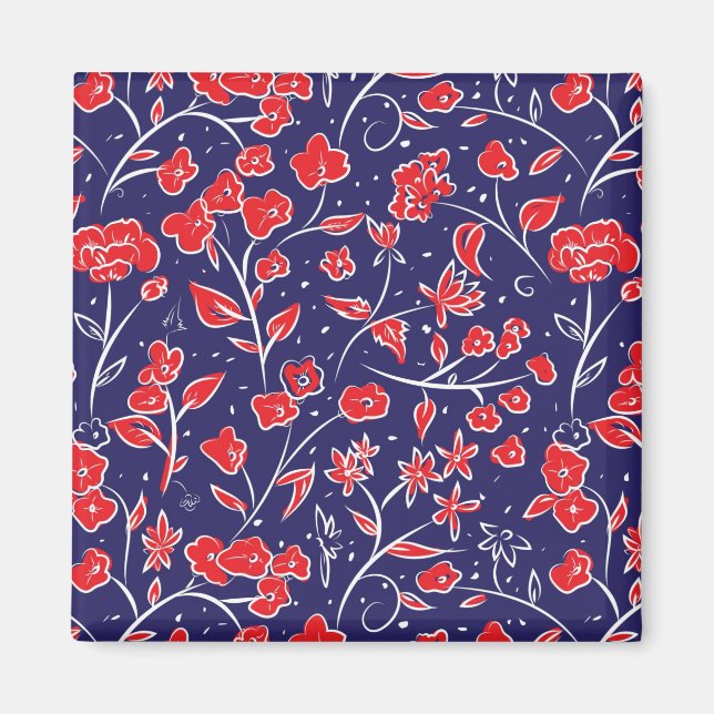 Rotes und blaues Blumenmuster Magnet (Vorne)