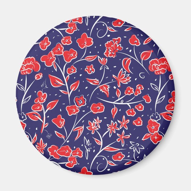 Rotes und blaues Blumenmuster Magnet (Vorne)