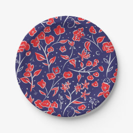 Rotes und blaues Blumenmuster Pappteller