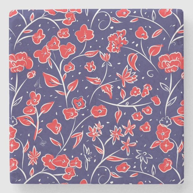 Rotes und blaues Blumenmuster Steinuntersetzer (Vorderseite)