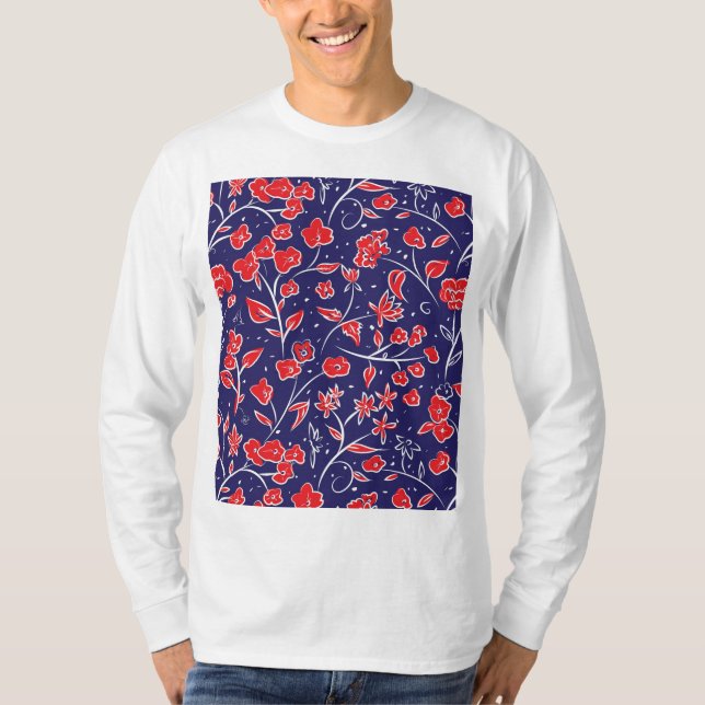Rotes und blaues Blumenmuster T-Shirt (Vorderseite)