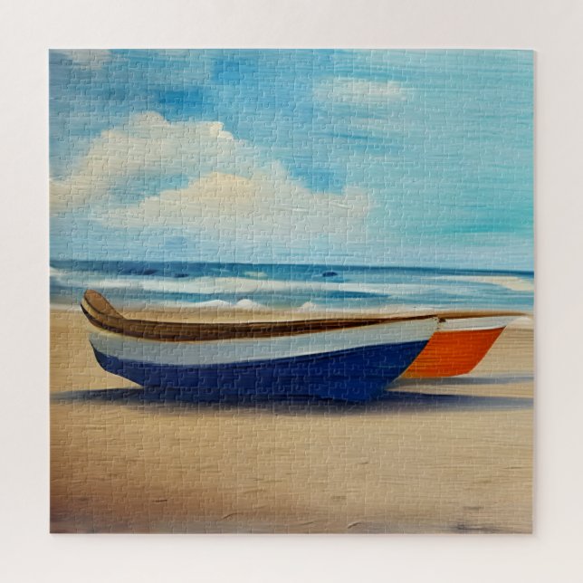 Rotes und Blaues Boot am Sandstrand (Vertikal)