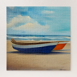 Rotes und blaues Boot an einem sandigen Strand