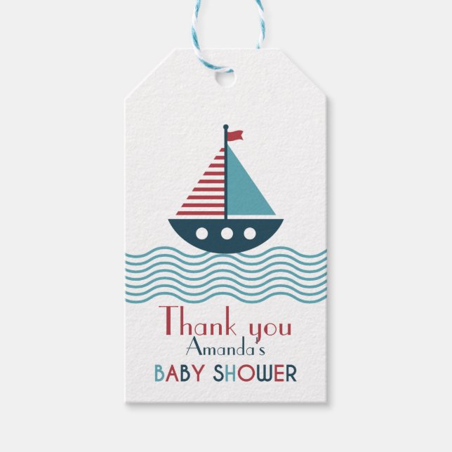 Rotes und blaues Boot BABY SHOWER Geschenkanhänger (Vorderseite)