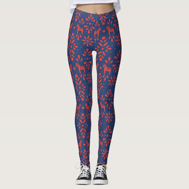 Rotes und blaues Dala Pferd Folk Art Muster Leggings (Vorderseite)