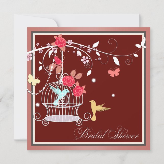 Rotes und Coral Birdcage-Brautparty Einladung (Vorderseite)