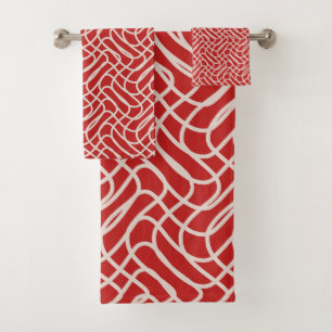 Rotes und cremefarbenes abstraktes Linienmuster Badhandtuch Set