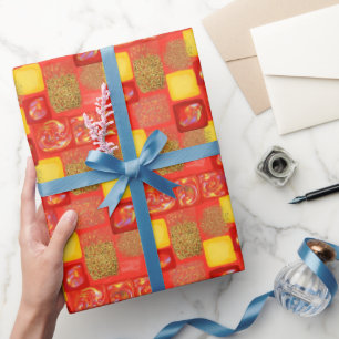 Rotes und gelbes quadratisches falsches Glitter Op Geschenkpapier