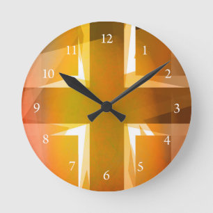 Rotes und gelbes religiöses Kreuz Runde Wanduhr