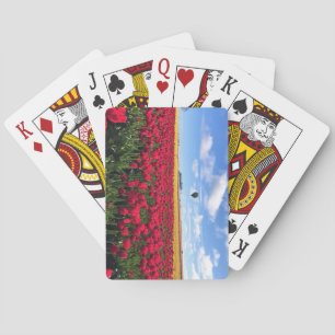 Rotes und gelbes Tulpenfeld mit Heißluftballon Spielkarten