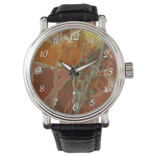 Rotes und Gold Pertrifiziertes Holz Armbanduhr