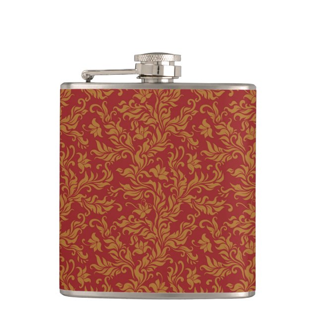 Rotes und goldenes Blumenmuster Flachmann (Vorderseite)