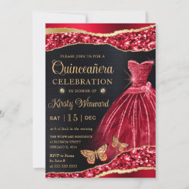 Rotes und goldenes Glitzer Kleid Quinceanera Einladung