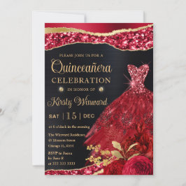 Rotes und goldenes Glitzer Kleid Quinceanera Einladung