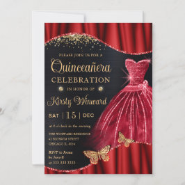 Rotes und goldenes Glitzer Kleid Quinceanera Einladung