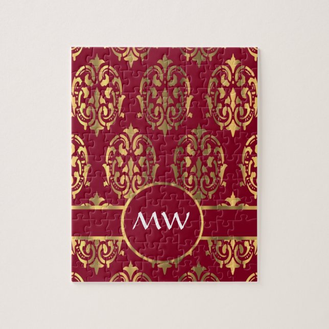 Rotes und goldenes Monogramm-Damastmuster (Vertikal)
