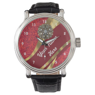 Rotes und goldfarbenes Damastmuster Armbanduhr