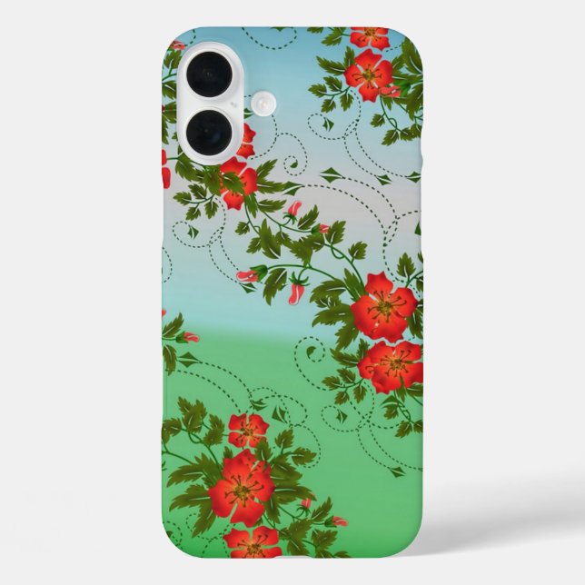 Rotes und grünes Blumenmuster iPhone 16 Plus Hülle (Rückseite)