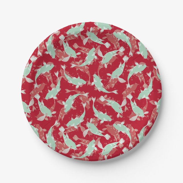 Rotes und grünes Muster - Koi Fish Pappteller (Vorderseite)