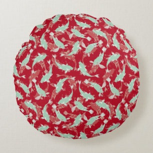 Rotes und grünes Muster - Koi Fish Rundes Kissen