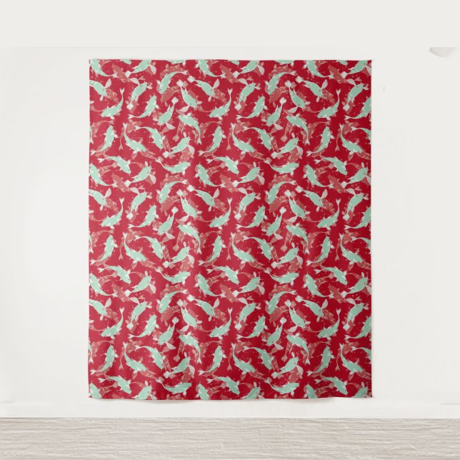 Rotes und grünes Muster - Koi Fish Wandteppich (Vorderseite)