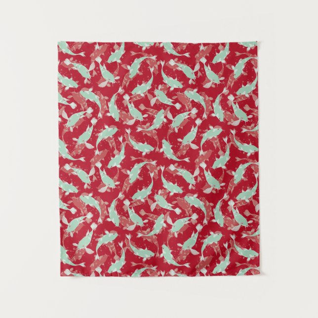 Rotes und grünes Muster - Koi Fish Wandteppich (Vorderseite)