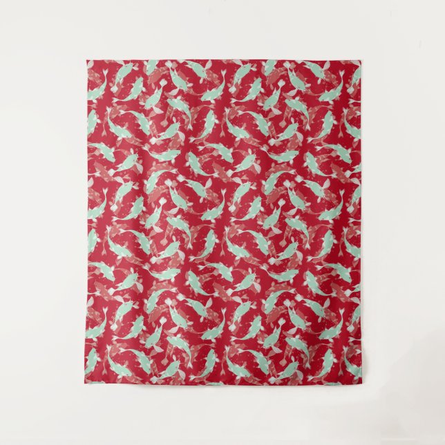 Rotes und grünes Muster - Koi Fish Wandteppich (Vorderseite)