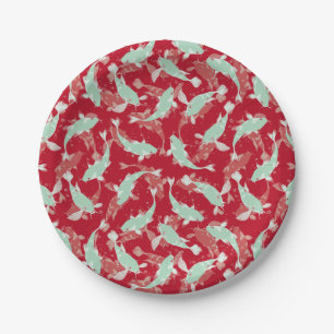 Rotes und grünes Nahtloses Muster - Koi Fish Pappteller