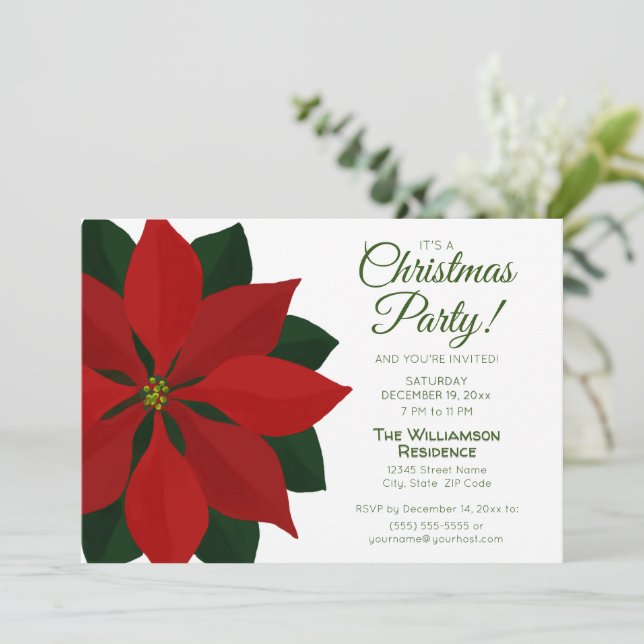 Rotes und grünes Poinsettia Weihnachtsfest Party Einladung (Stehend Vorderseite)