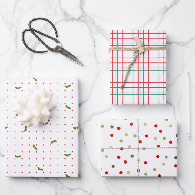 Rotes und grünes Set zu Weihnachten von 3 Geschenkpapier Set (Vorderseite)