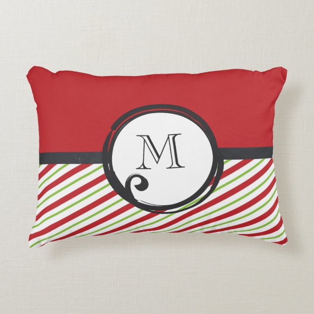 Rotes und grünes Streifenmuster mit Monogramm Zierkissen (Vorderseite)