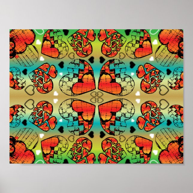 Rotes und grünes, weißes, romantisches Herzmuster Poster (Vorne)