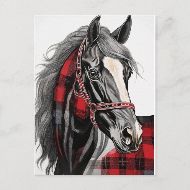 Rotes und Kariertes Schwarzes Pferd Postkarte (Vorderseite)