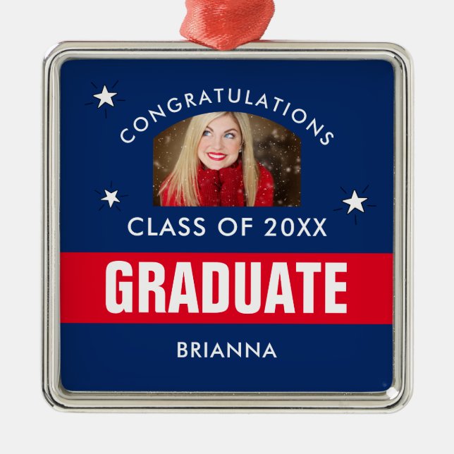 Rotes und Navy Blue Abschluss Personalisiertes Fot Ornament Aus Metall (Vorne)