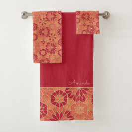 Rotes und orangefarbenes Muster Badhandtuch Set