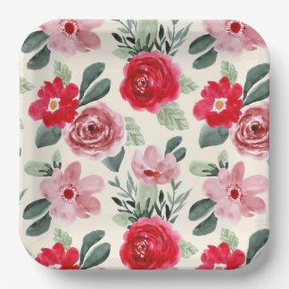 Rotes und rosa Blumenmuster Pappteller
