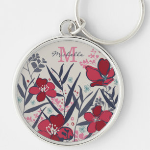 Rotes und rosa florales Monogramm Name Schlüsselanhänger