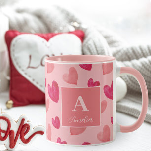 Rotes und rosa Herz personalisierter Monogramm-Nam Tasse