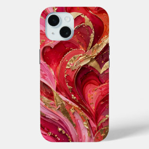 Rotes und rosa Marmor Gold iPhone 15 Hülle