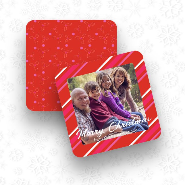 Rotes und rosa Weihnachtsmarkt Foto Feiertagskarte (Red & Pink Holly Christmas Photo Square Card)