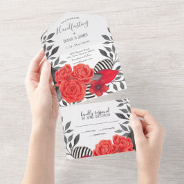 Rotes und schwarz-gotisches Blumenhandgefühl All In One Einladung