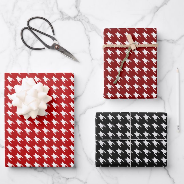 Rotes und Schwarz-weißes Hahnentrittmuster Geschenkpapier Set (Vorderseite)