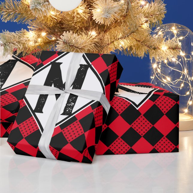 Rotes und schwarzes Büffel, kariert Monogramm, Kar Geschenkpapier (Feiertage)