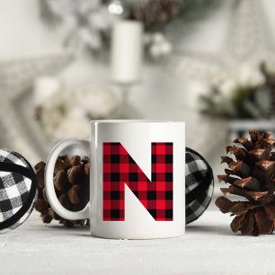Rotes und schwarzes Büffel-Karo-Bold-Letter-N-Mono Kaffeetasse
