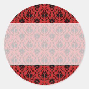 Rotes und schwarzes Damasdesign. Runder Aufkleber