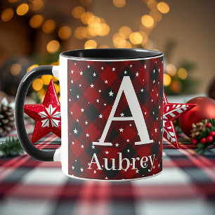 Rotes und schwarzes Karo mit personalisierten Ster Tasse