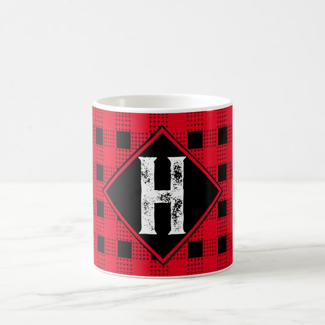 rotes und schwarzes modernes Büffel kariert Monogr Kaffeetasse (Mittel)